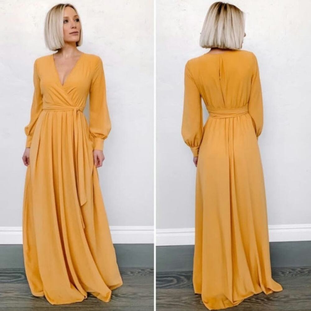 Baltic Born Lydia Mustard Yellow Maxi Flowy Long Sleeve Chiffon Dress NWOT M